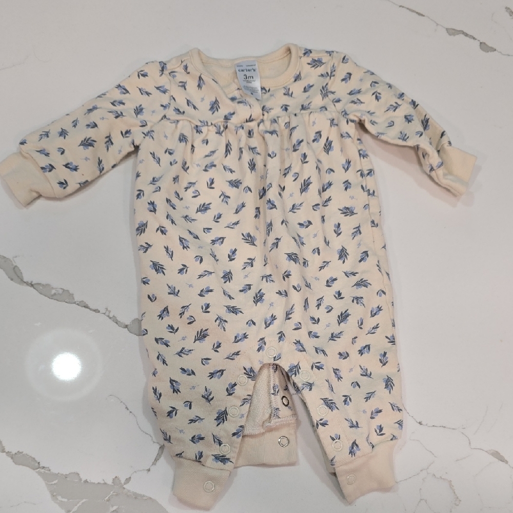Cream and Blue Leaf Print Baby Onesie